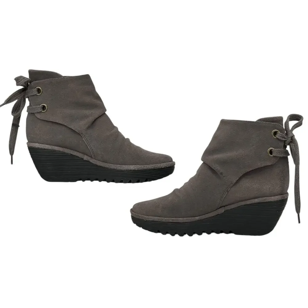 Fly London Yama Wedge Boots Women's SZ 38 Gray Suede Slouchy Lagenlook Comfort